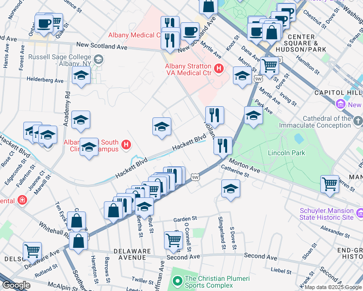 map of restaurants, bars, coffee shops, grocery stores, and more near Hackett Boulevard & Clara Barton Drive in Albany