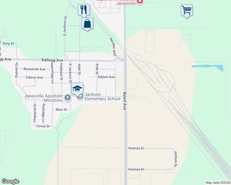 map of restaurants, bars, coffee shops, grocery stores, and more near 2220 Pierce Street in Janesville