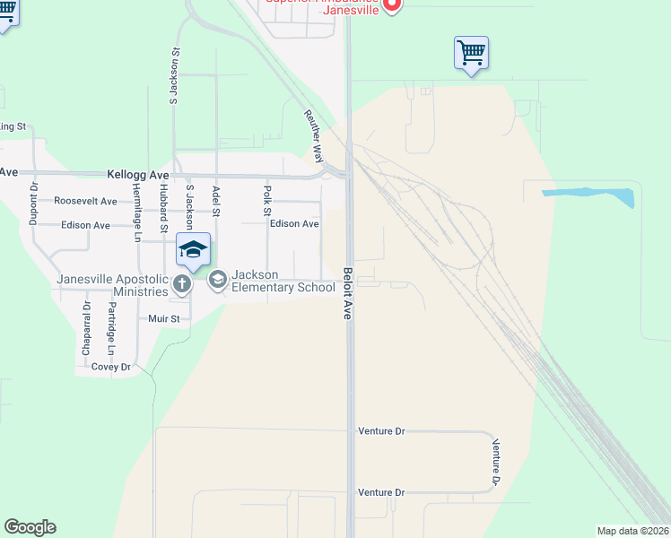 map of restaurants, bars, coffee shops, grocery stores, and more near 2220 Pierce Street in Janesville