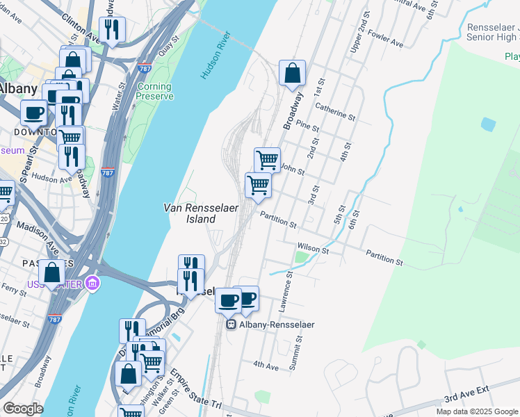 map of restaurants, bars, coffee shops, grocery stores, and more near 806 Broadway in Rensselaer