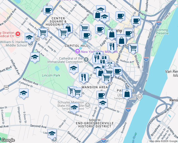 map of restaurants, bars, coffee shops, grocery stores, and more near 64 Elm Street in Albany