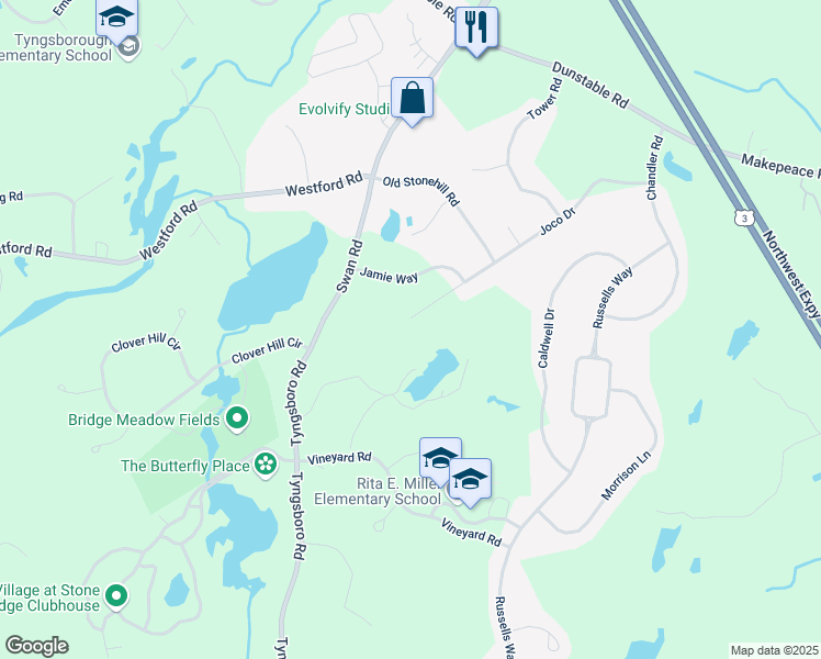 map of restaurants, bars, coffee shops, grocery stores, and more near 48 Joco Drive in Tyngsborough