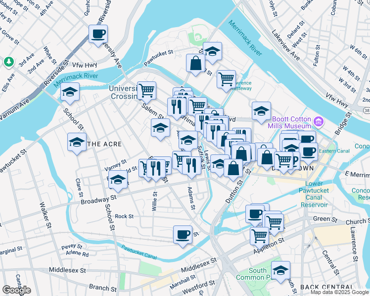 map of restaurants, bars, coffee shops, grocery stores, and more near 351 Adams Street in Lowell