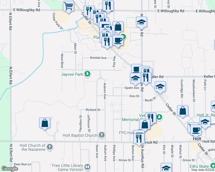 map of restaurants, bars, coffee shops, grocery stores, and more near 4614 Spahr Avenue in Delhi charter Township
