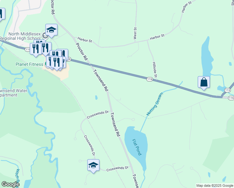 map of restaurants, bars, coffee shops, grocery stores, and more near 45 Lakin Street in Pepperell