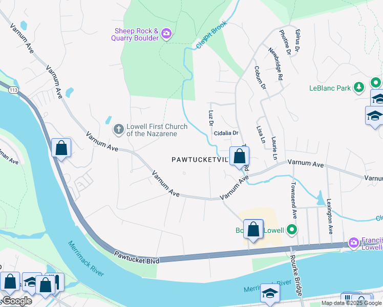 map of restaurants, bars, coffee shops, grocery stores, and more near Kianti Drive in Lowell