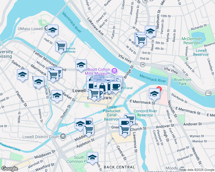 map of restaurants, bars, coffee shops, grocery stores, and more near 75R John Street in Lowell