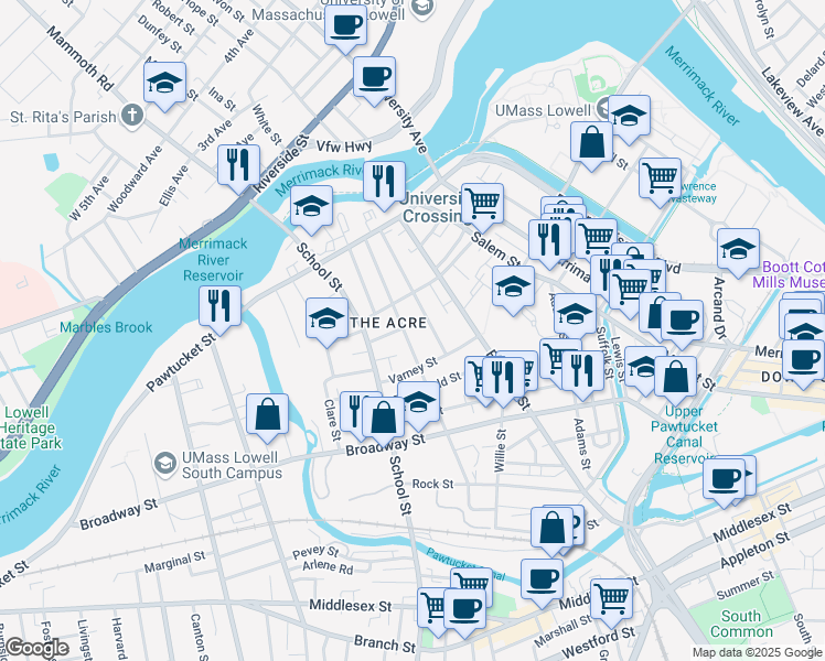 map of restaurants, bars, coffee shops, grocery stores, and more near 106 Mount Vernon Street in Lowell