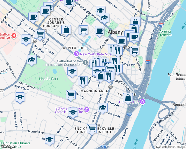 map of restaurants, bars, coffee shops, grocery stores, and more near 176 Madison Avenue in Albany
