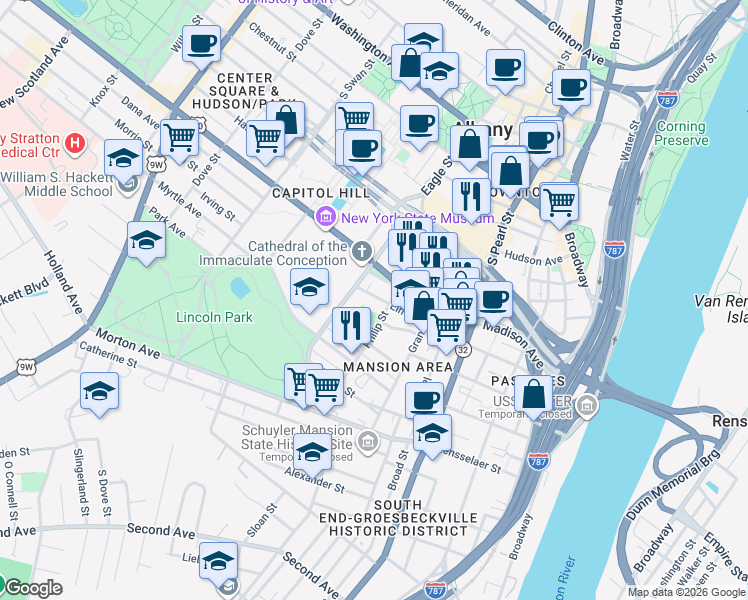 map of restaurants, bars, coffee shops, grocery stores, and more near 64 Elm Street in Albany