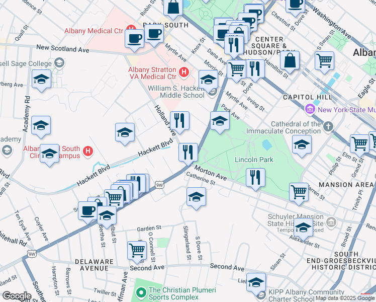 map of restaurants, bars, coffee shops, grocery stores, and more near 1 Cortland Street in Albany