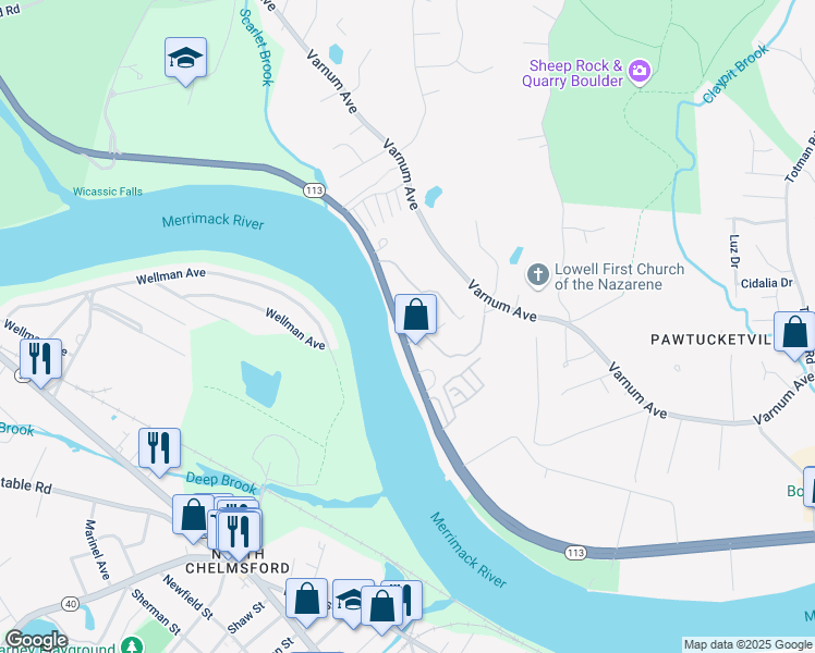 map of restaurants, bars, coffee shops, grocery stores, and more near 1345 Pawtucket Boulevard in Lowell
