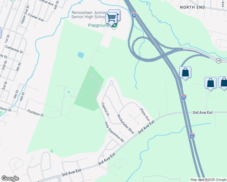 map of restaurants, bars, coffee shops, grocery stores, and more near 44 Capitol Place in Rensselaer