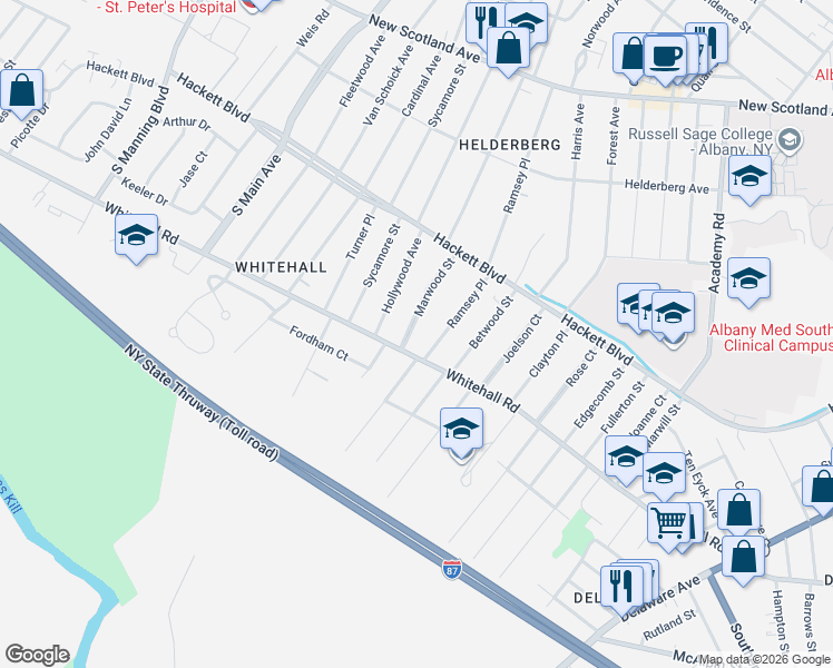 map of restaurants, bars, coffee shops, grocery stores, and more near 43 Marwood Street in Albany
