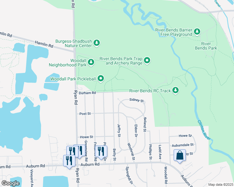 map of restaurants, bars, coffee shops, grocery stores, and more near 4600 Durham Road in Shelby Township