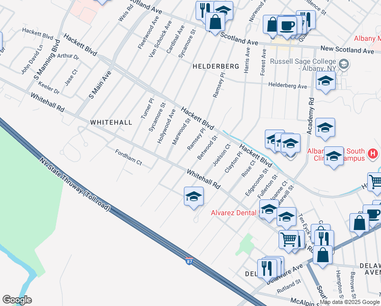 map of restaurants, bars, coffee shops, grocery stores, and more near 136 Ramsey Place in Albany