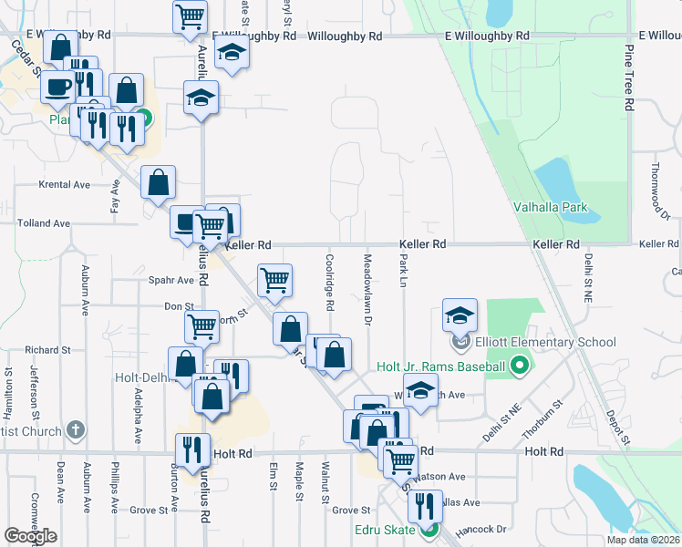 map of restaurants, bars, coffee shops, grocery stores, and more near 2218 Coolridge Road in Delhi Charter Township