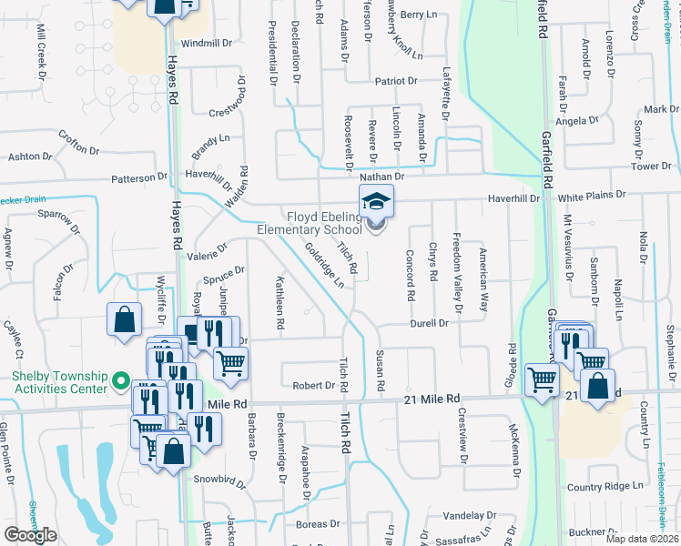 map of restaurants, bars, coffee shops, grocery stores, and more near 47576 Goldridge Lane in Macomb