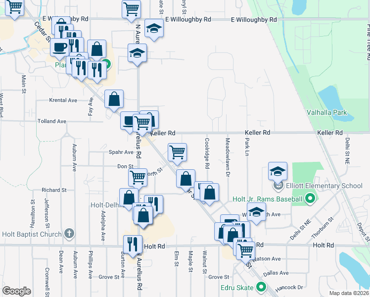map of restaurants, bars, coffee shops, grocery stores, and more near 2214 Bertha Street in Holt