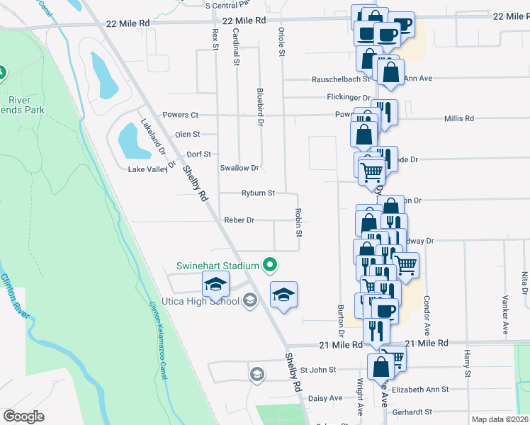 map of restaurants, bars, coffee shops, grocery stores, and more near 7175 Reber Drive in Macomb County