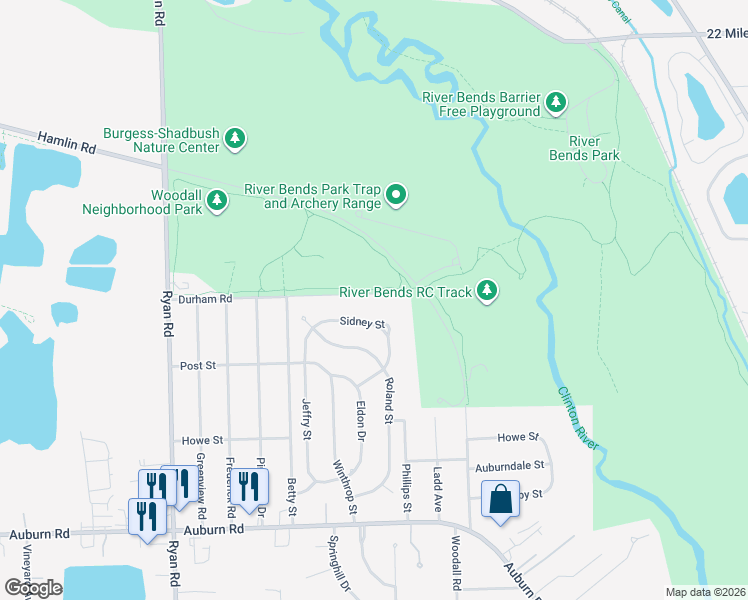 map of restaurants, bars, coffee shops, grocery stores, and more near 4834 Durham Road in Macomb County