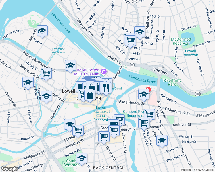 map of restaurants, bars, coffee shops, grocery stores, and more near 70 Bridge Street in Lowell