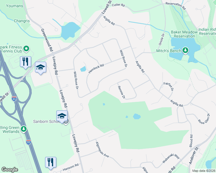map of restaurants, bars, coffee shops, grocery stores, and more near 25 Strawberry Hill Road in Andover