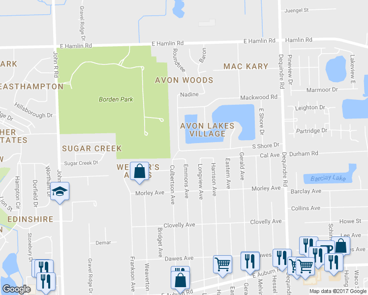 map of restaurants, bars, coffee shops, grocery stores, and more near 2249 Avon Lake Lane in Rochester Hills