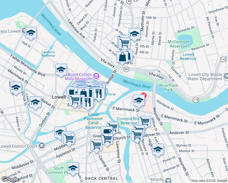map of restaurants, bars, coffee shops, grocery stores, and more near 150 Massmills Drive in Lowell