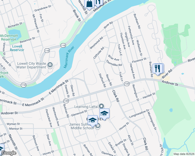 map of restaurants, bars, coffee shops, grocery stores, and more near 63 Surrey Lane in Lowell