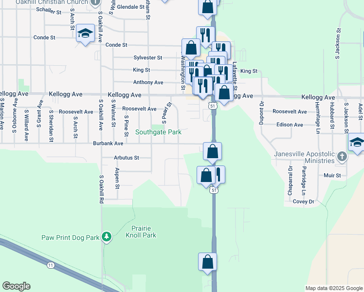 map of restaurants, bars, coffee shops, grocery stores, and more near 1207 West Burbank Avenue in Janesville
