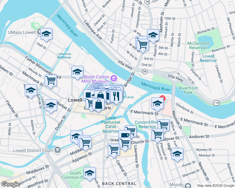 map of restaurants, bars, coffee shops, grocery stores, and more near 80 Bridge Street in Lowell