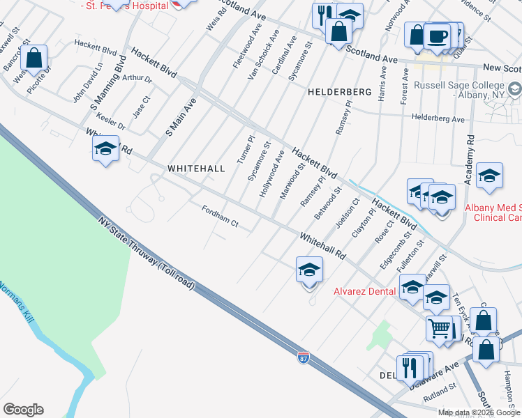 map of restaurants, bars, coffee shops, grocery stores, and more near 245 Whitehall Road in Albany