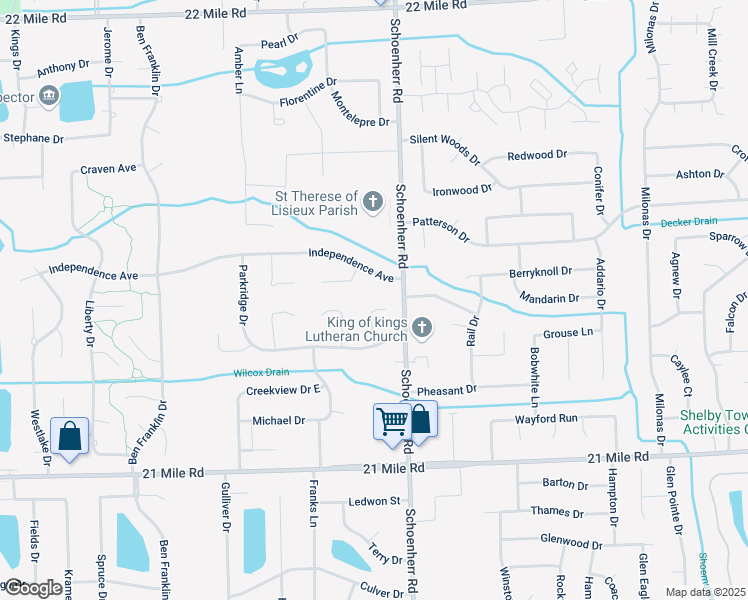 map of restaurants, bars, coffee shops, grocery stores, and more near 47611 Andrea Court in Shelby Township