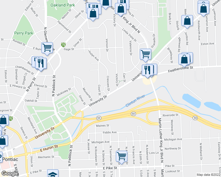 map of restaurants, bars, coffee shops, grocery stores, and more near 18 Crescent Drive in Pontiac