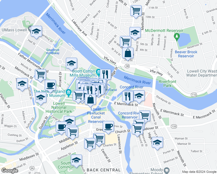 map of restaurants, bars, coffee shops, grocery stores, and more near 300 Massmills Drive in Lowell