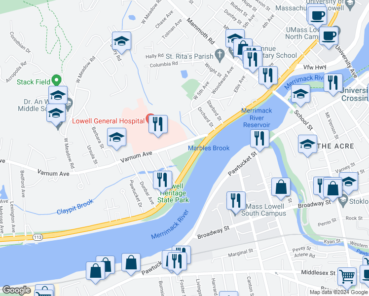 map of restaurants, bars, coffee shops, grocery stores, and more near 228 Varnum Avenue in Lowell