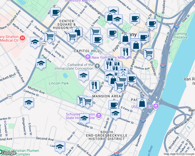 map of restaurants, bars, coffee shops, grocery stores, and more near 64 Elm Street in Albany