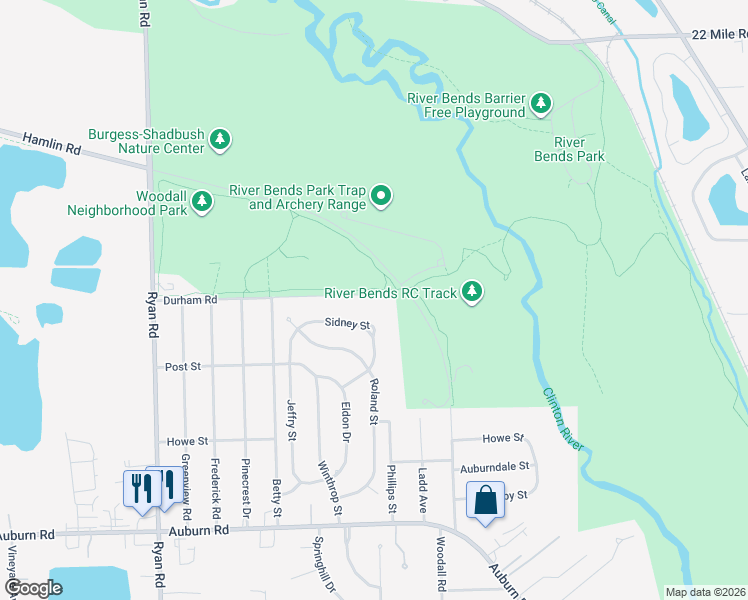 map of restaurants, bars, coffee shops, grocery stores, and more near 4834 Durham Road in Macomb County