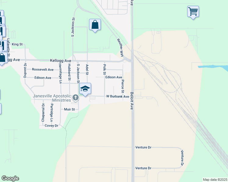 map of restaurants, bars, coffee shops, grocery stores, and more near 2228 Taylor Court in Janesville