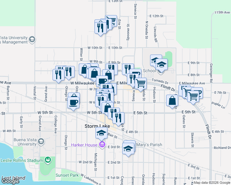 map of restaurants, bars, coffee shops, grocery stores, and more near 208 East 7th Street in Storm Lake