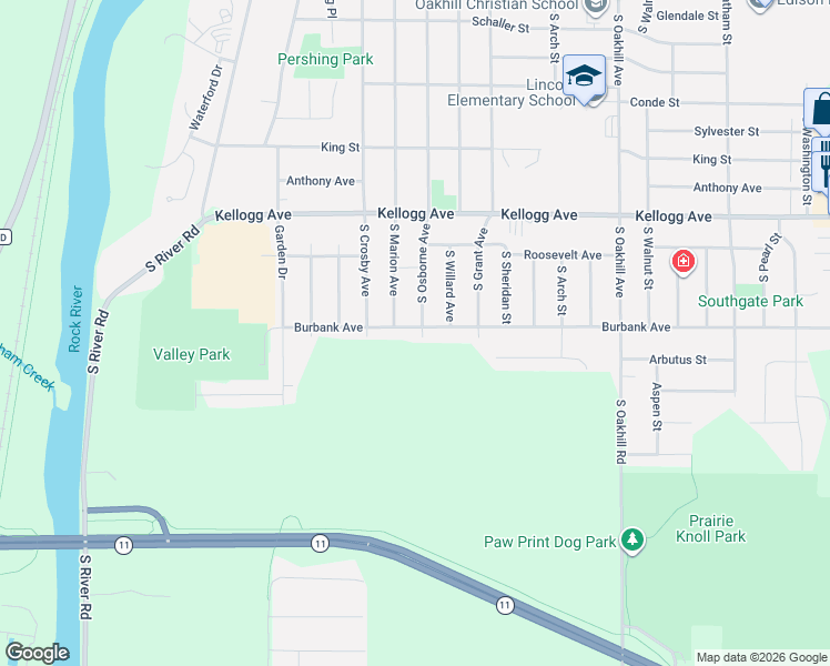 map of restaurants, bars, coffee shops, grocery stores, and more near 2403 Burbank Avenue in Janesville