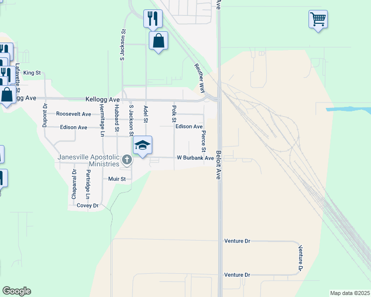 map of restaurants, bars, coffee shops, grocery stores, and more near 2228 Taylor Court in Janesville