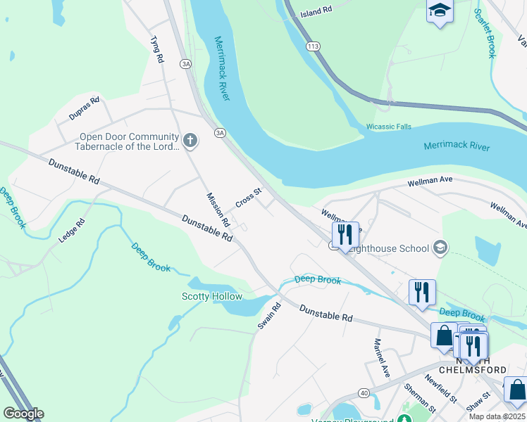 map of restaurants, bars, coffee shops, grocery stores, and more near 17 Hope Street in Chelmsford