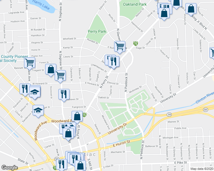 map of restaurants, bars, coffee shops, grocery stores, and more near 380 North Perry Street in Pontiac