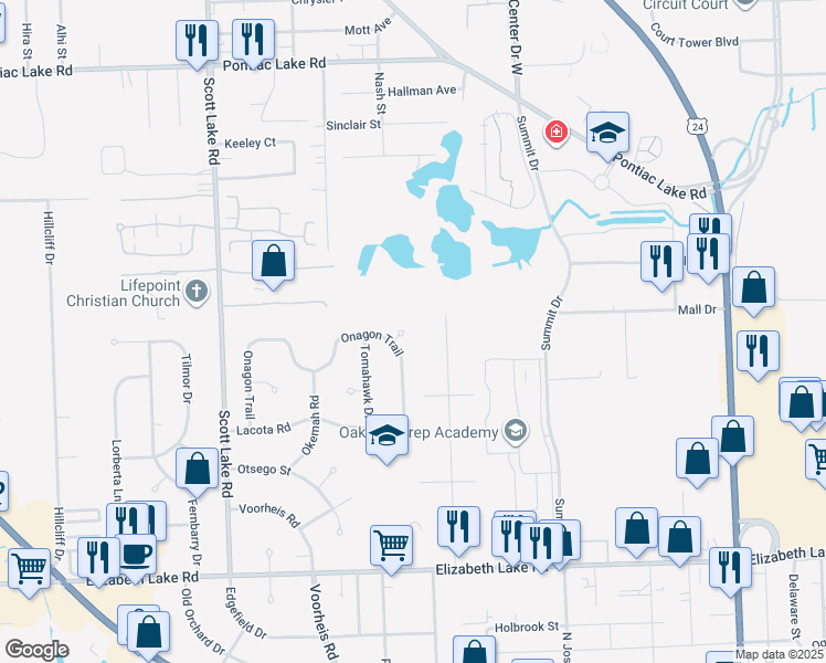 map of restaurants, bars, coffee shops, grocery stores, and more near 2656 Cherokee Hills Circle in Waterford Township