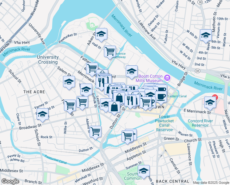 map of restaurants, bars, coffee shops, grocery stores, and more near 401 Merrimack Street in Lowell