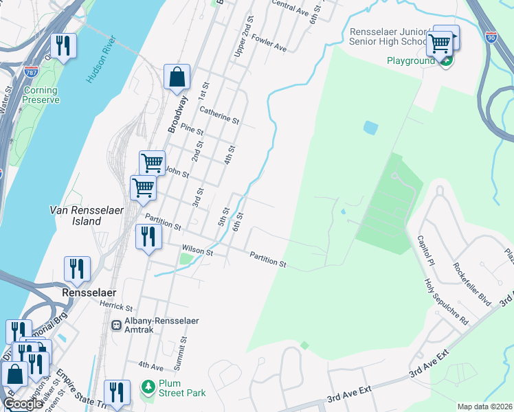 map of restaurants, bars, coffee shops, grocery stores, and more near 105 John Street in Rensselaer