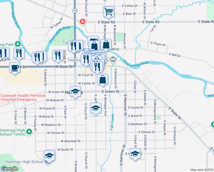 map of restaurants, bars, coffee shops, grocery stores, and more near 301 South Michigan Avenue in Hastings