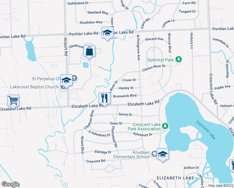 map of restaurants, bars, coffee shops, grocery stores, and more near 5674 Brunswick Boulevard in Waterford Township